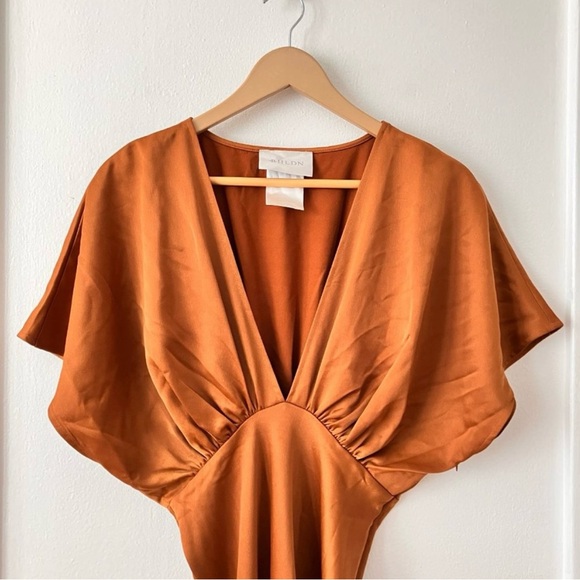 BHLDN Leila Satin Charmeuse Deep V Flutter Sleeve A-Line Gown - Picture 4 of 6